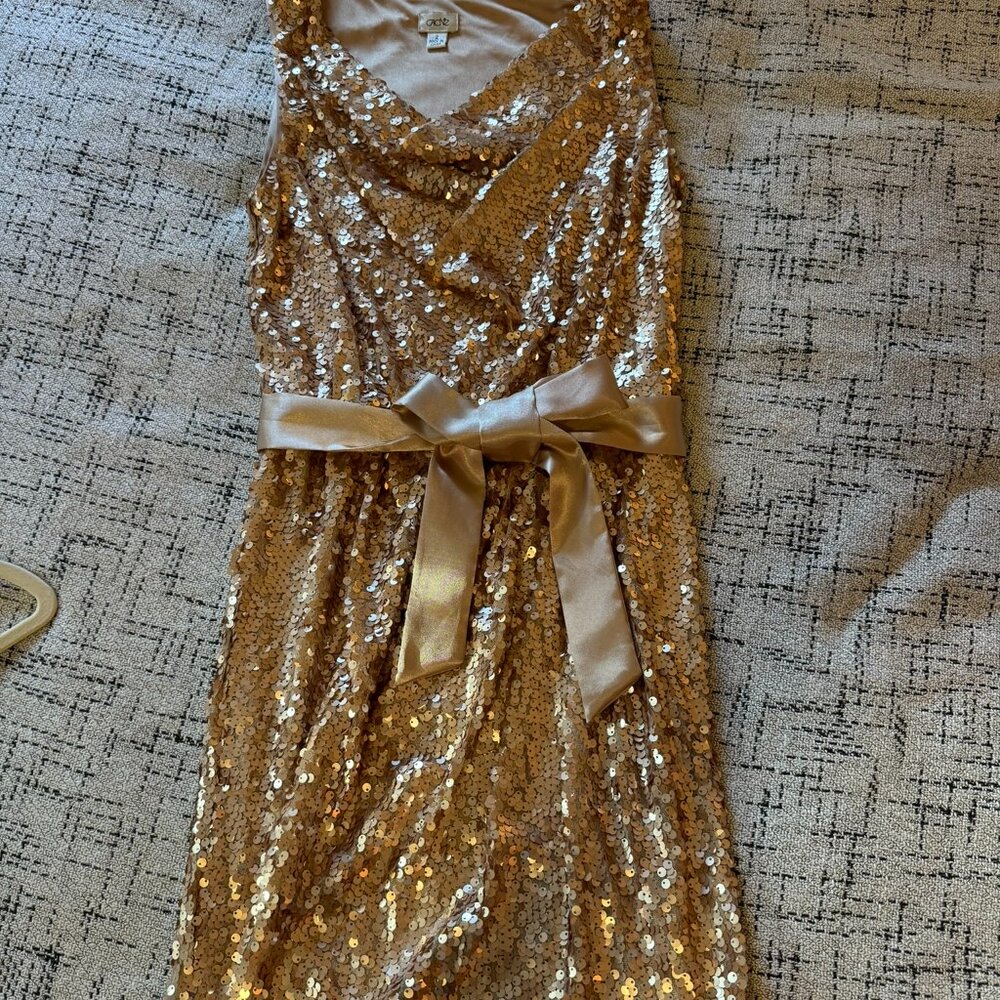 Gorgeous Cache Gold Sequin Cocktail Dress with Removable Ribbon Belt - Size 0